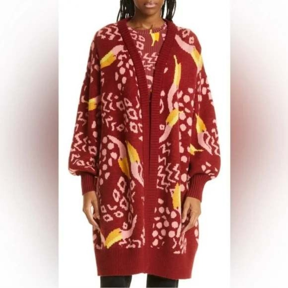 FARM Rio Burgundy‎ Toucanissimo Cardigan Knit Sweater, Size Medium
